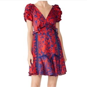 Self-Portrait Red Blue Floral Satin Printed Mini Dress